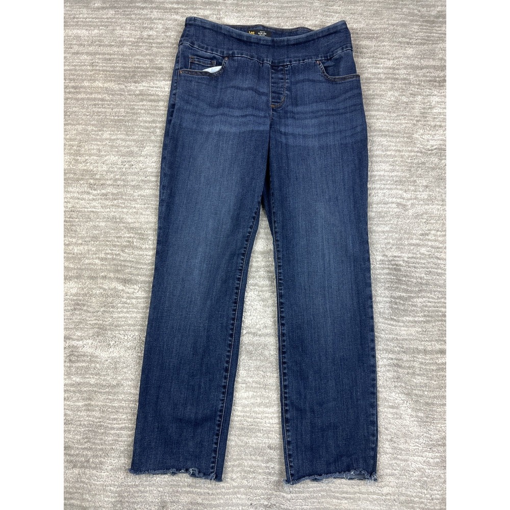 Lee Jeans Women 12 Medium Blue Sculpting Slim Leg Mid Rise Pull On Raw Hem Denim